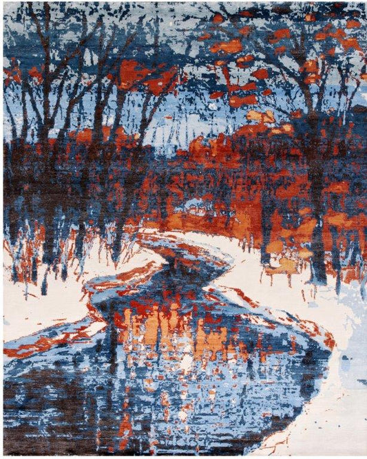 Autumn Reflections Hand knotted Modern Blue Cream Rug (HK-324)