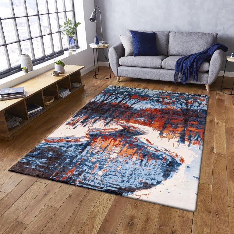 Autumn Reflections Hand knotted Modern Blue Cream Rug (HK-324)