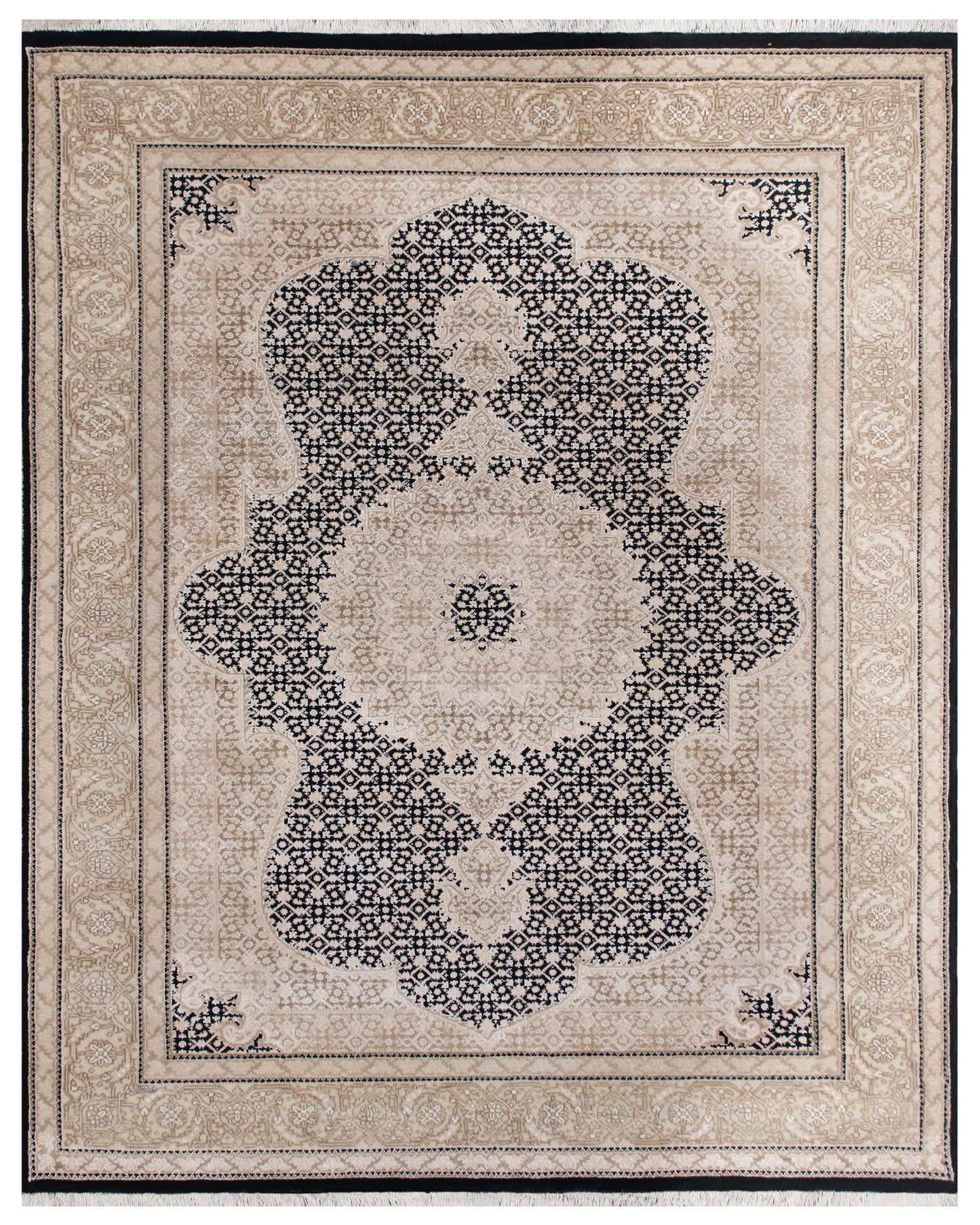 Imperial Mahi Hand knotted Traditional Mahi Silk -11 Beige Black Rug (MWS-20)