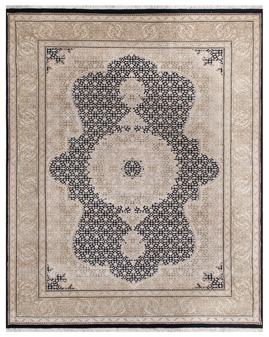 Imperial Mahi Hand knotted Traditional Mahi Silk -11 Beige Black Rug (MWS-20)