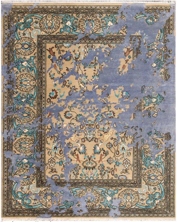 Indirug Azure Hand knotted Transitional Beige Blue Rug (HK-Hunting)