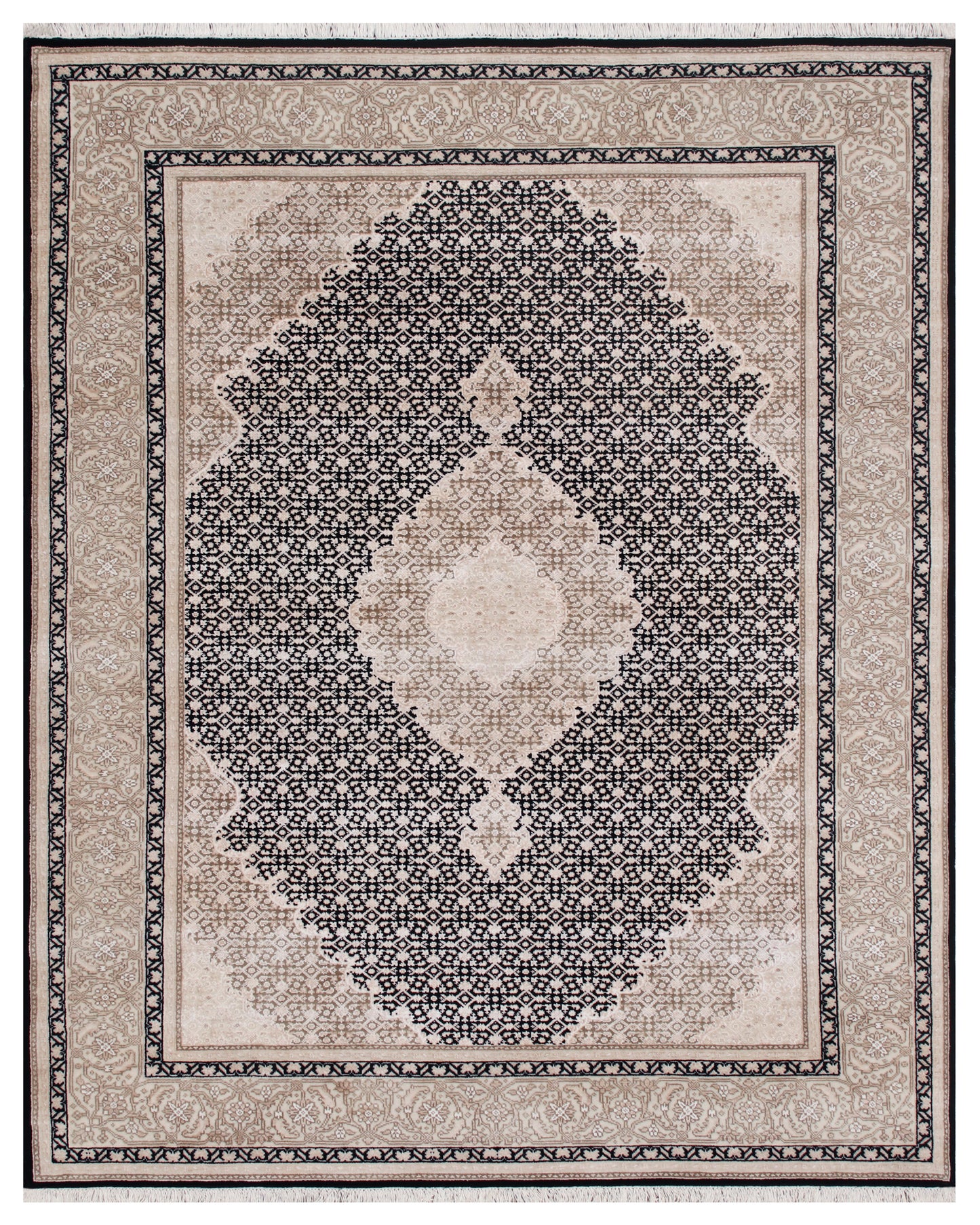 Classic Persian Hand knotted Traditional Mahi Silk -22 Black Cream Rug (MWS-12)