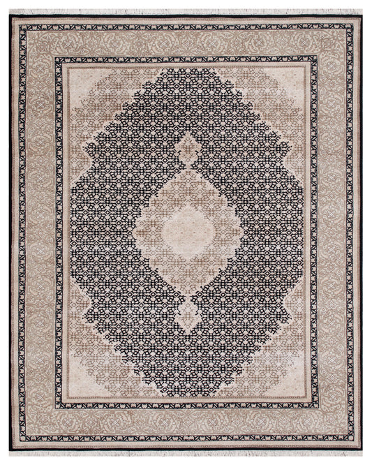 Classic Persian  Hand knotted Traditional Mahi Silk -22 Black Cream Rug (MWS-12)