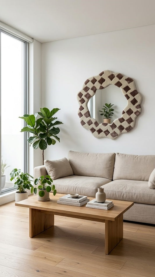 Wavy Checkered Mirror Frame - Handmade Wool Boho Scandi Wall Mirror