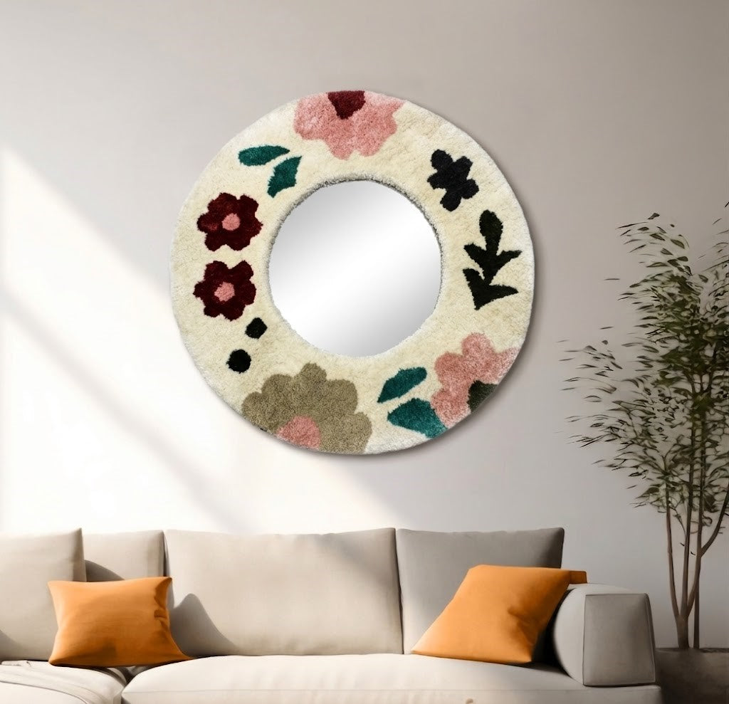 Round Botanical Tufted Mirror Frame - Handmade Floral Boho Mirror
