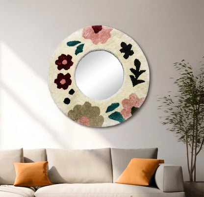 Round Botanical Tufted Mirror Frame - Handmade Floral Boho Mirror