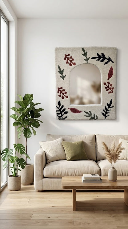 Arched Botanical Mirror Frame - Handmade Wool Leaf Pattern Boho Mirror