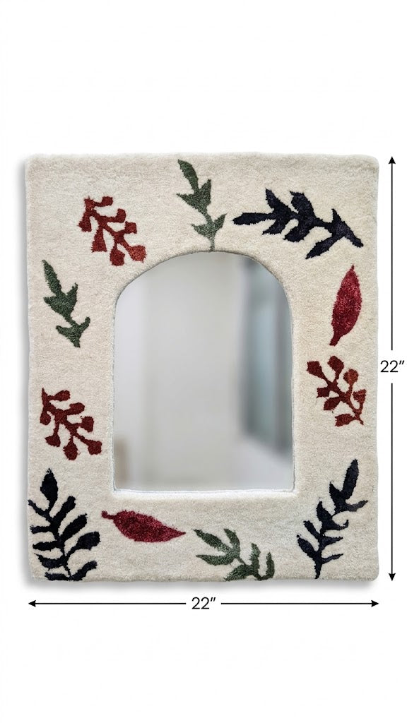 Arched Botanical Mirror Frame - Handmade Wool Leaf Pattern Boho Mirror