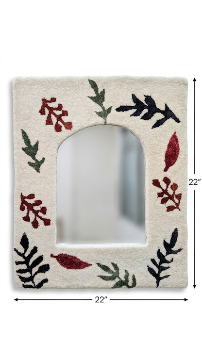 Arched Botanical Mirror Frame - Handmade Wool Leaf Pattern Boho Mirror