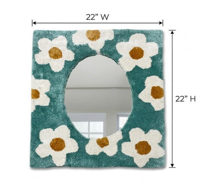 Floral Tufted Mirror Frame - Handmade Teal Boho Daisy Wall Mirror