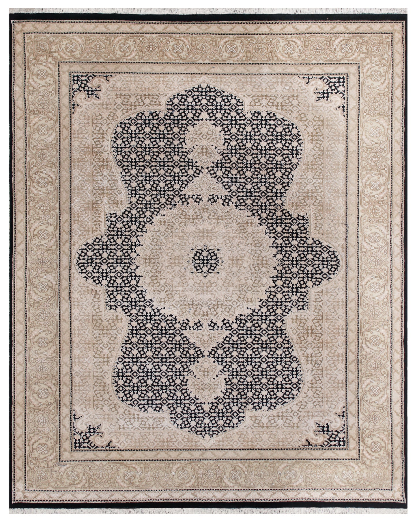 Hand knotted Traditional Mahi Silk -11 Beige Black Rug (MWS-20)