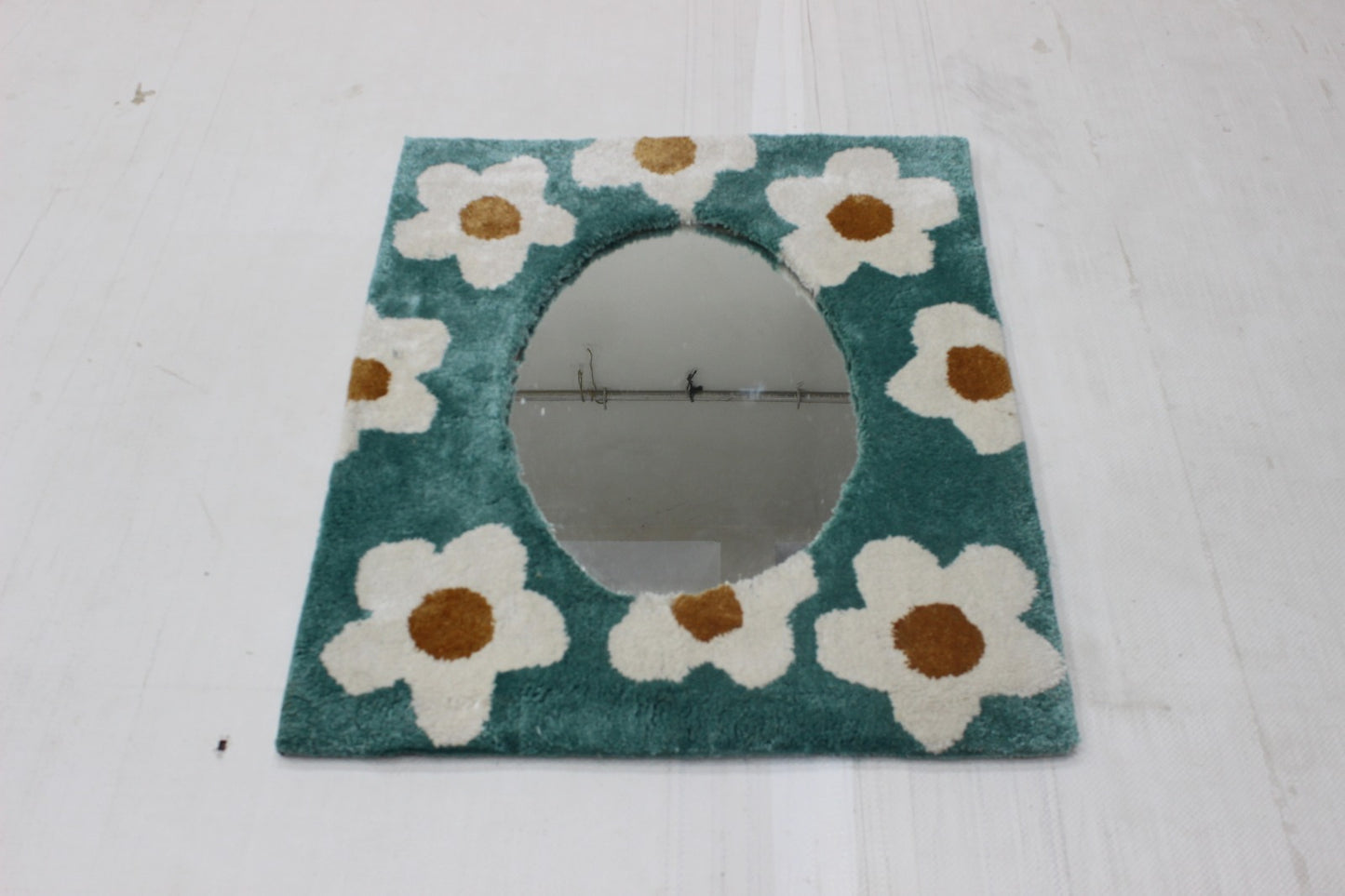 Floral Tufted Mirror Frame - Handmade Teal Boho Daisy Wall Mirror