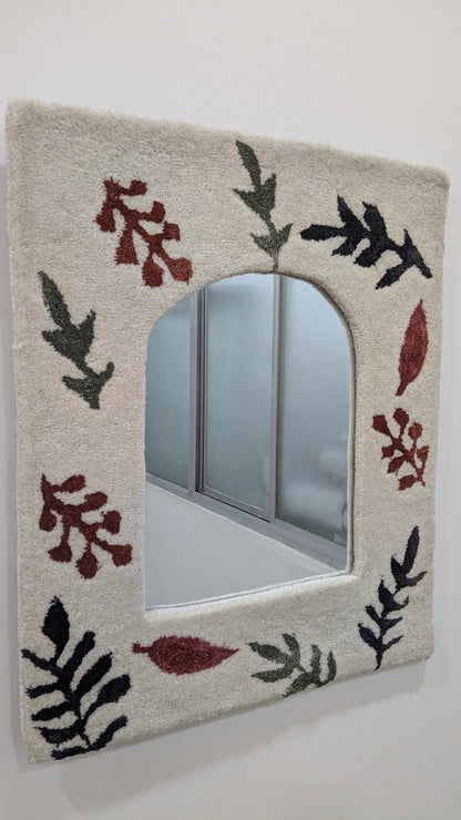 Arched Botanical Mirror Frame - Handmade Wool Leaf Pattern Boho Mirror