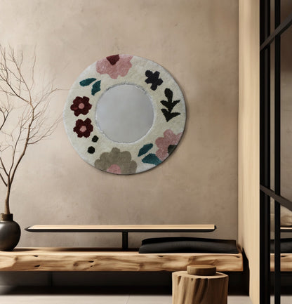 Round Botanical Tufted Mirror Frame - Handmade Floral Boho Mirror