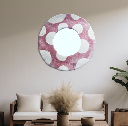 Round Tufted Mirror Frame - Handmade Pink & Cream Boho Wall Mirror