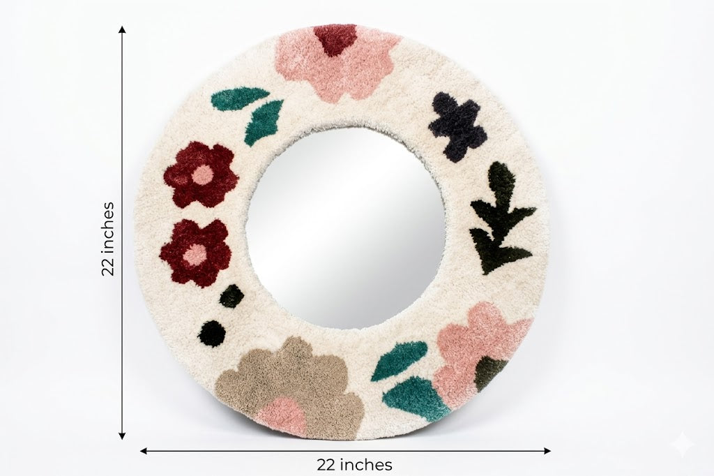Round Botanical Tufted Mirror Frame - Handmade Floral Boho Mirror
