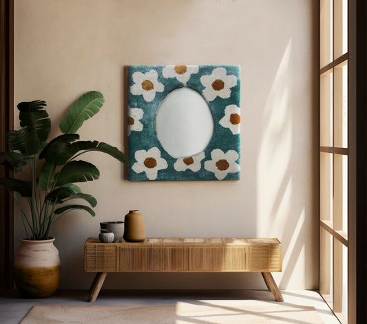 Floral Tufted Mirror Frame - Handmade Teal Boho Daisy Wall Mirror