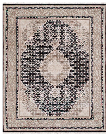 Hand knotted Traditional Mahi Silk -22 Black Cream Rug (MWS-12)